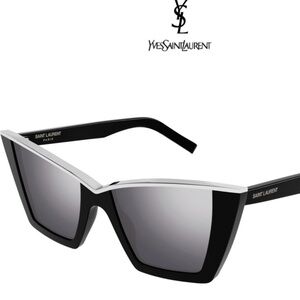Saint Laurent NWOT Sexy Black Cat-Eye Sunglasses $495 w/ silver accents & case.